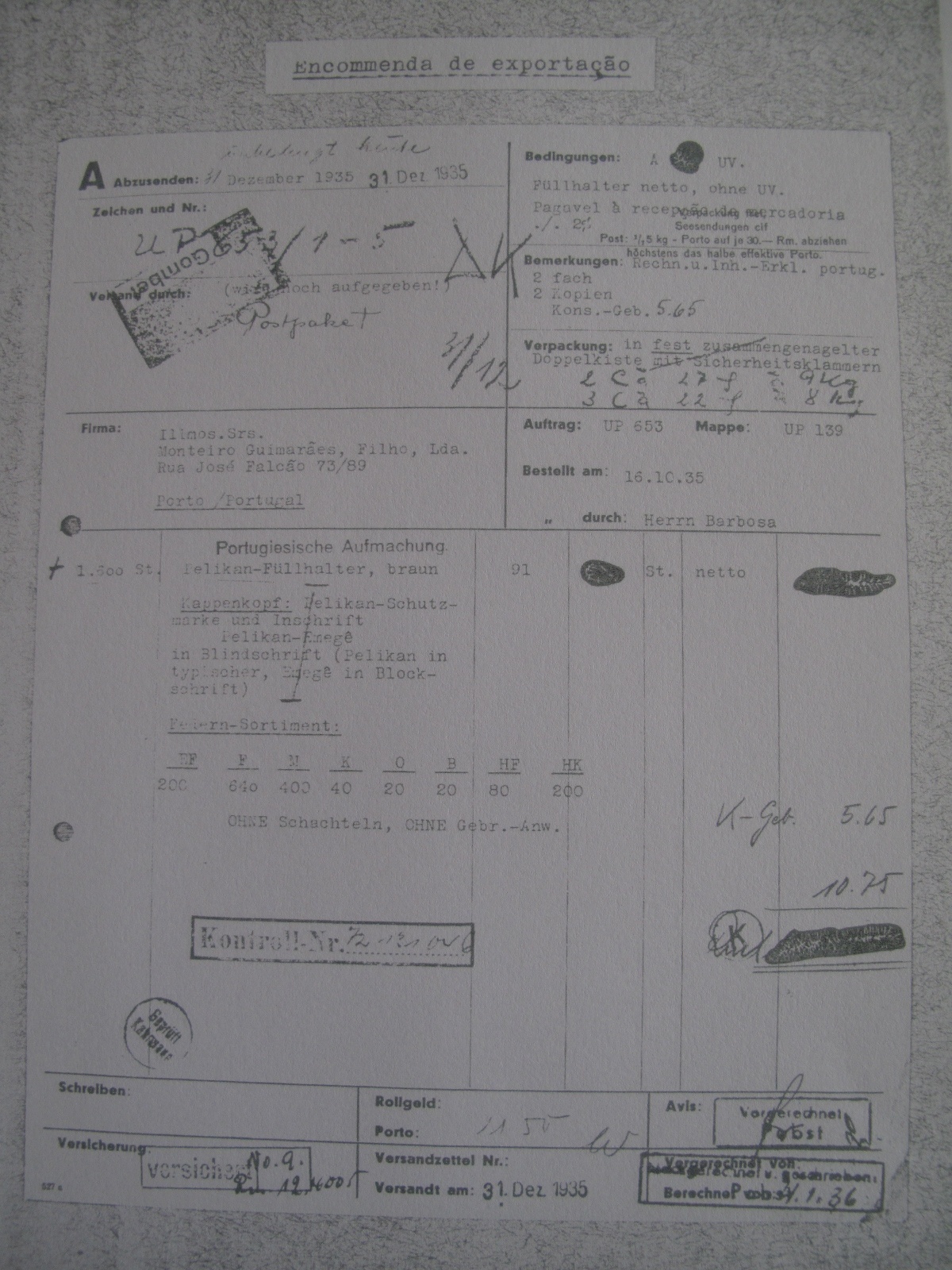 Delivery document from Pelikan 1935