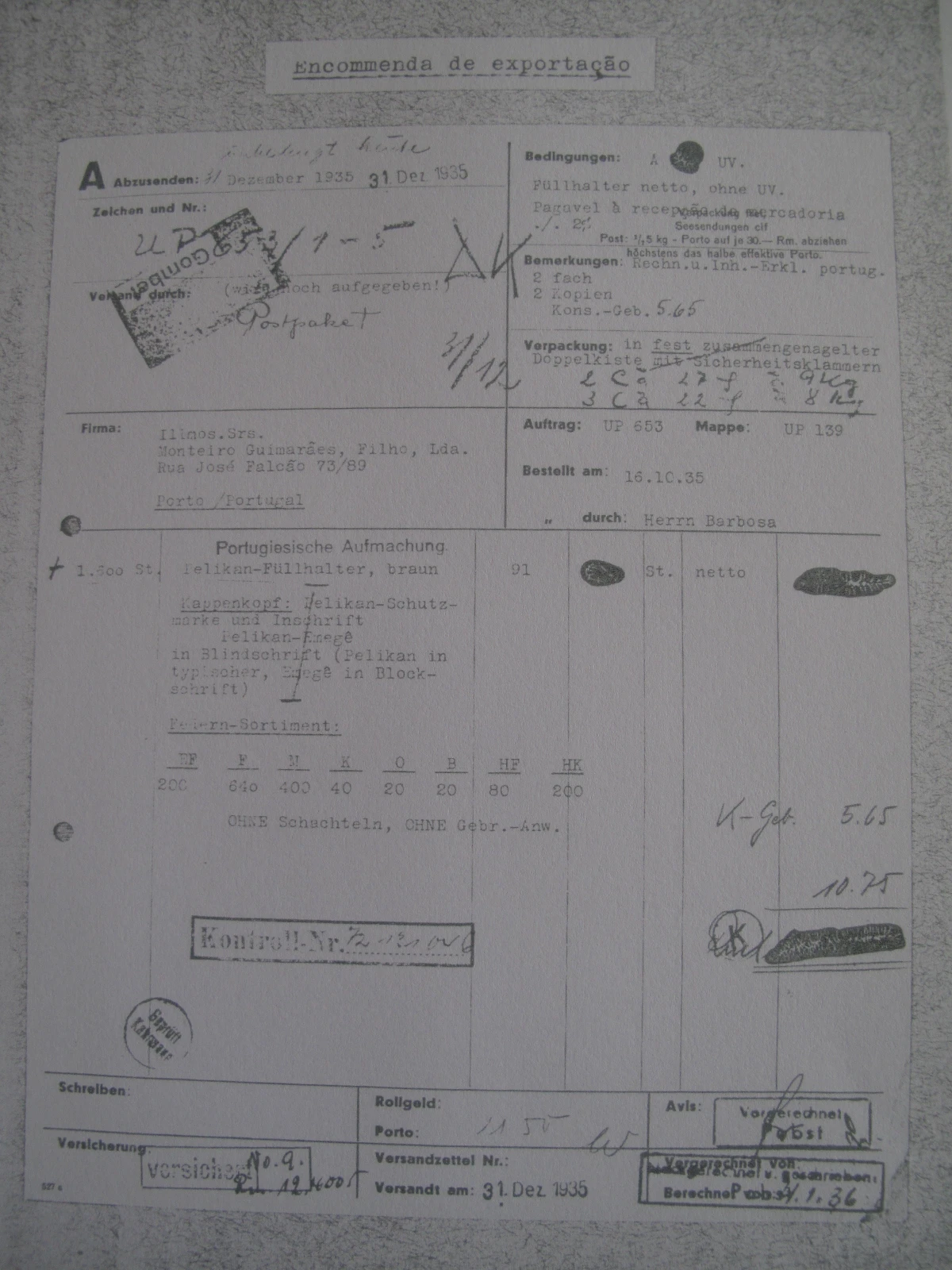 Delivery document from Pelikan 1935 Delivery document from Pelikan 1935